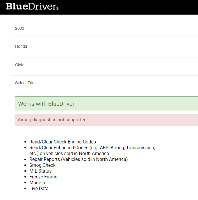 bluedriver support for honda civic