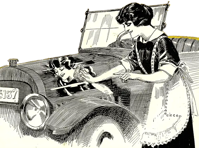 vintage lady washing old car