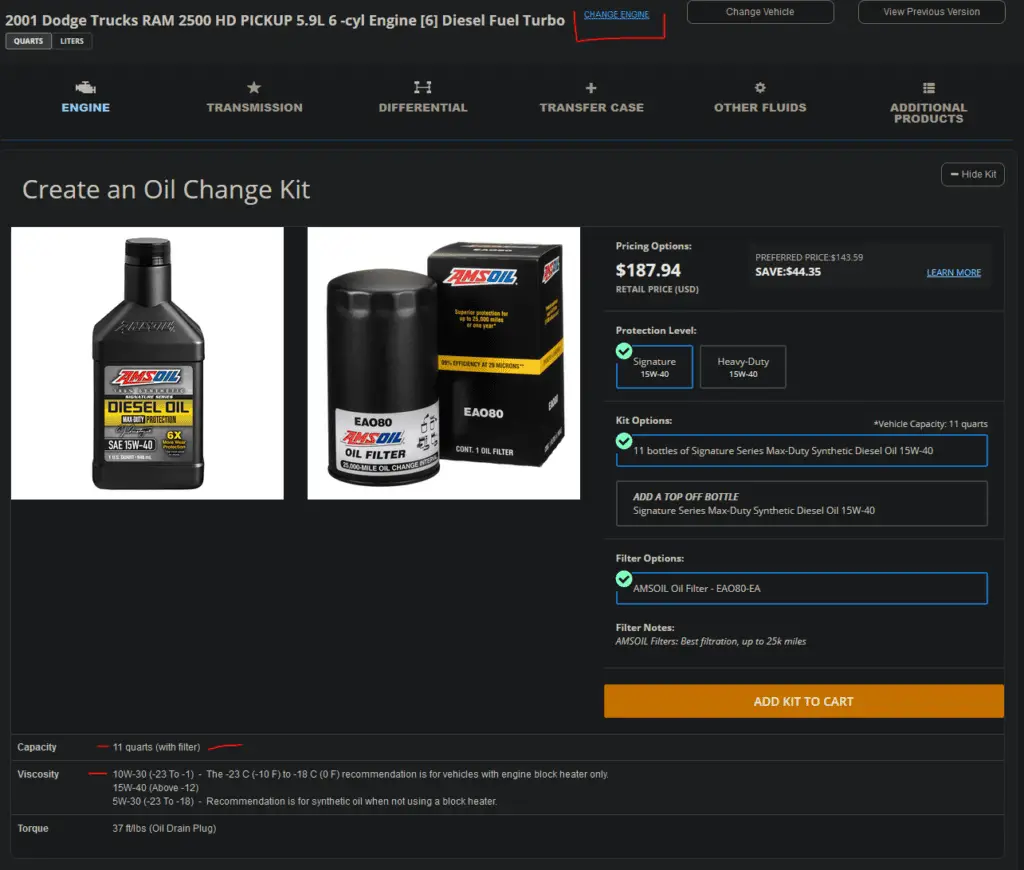 amsoil oil capacity search