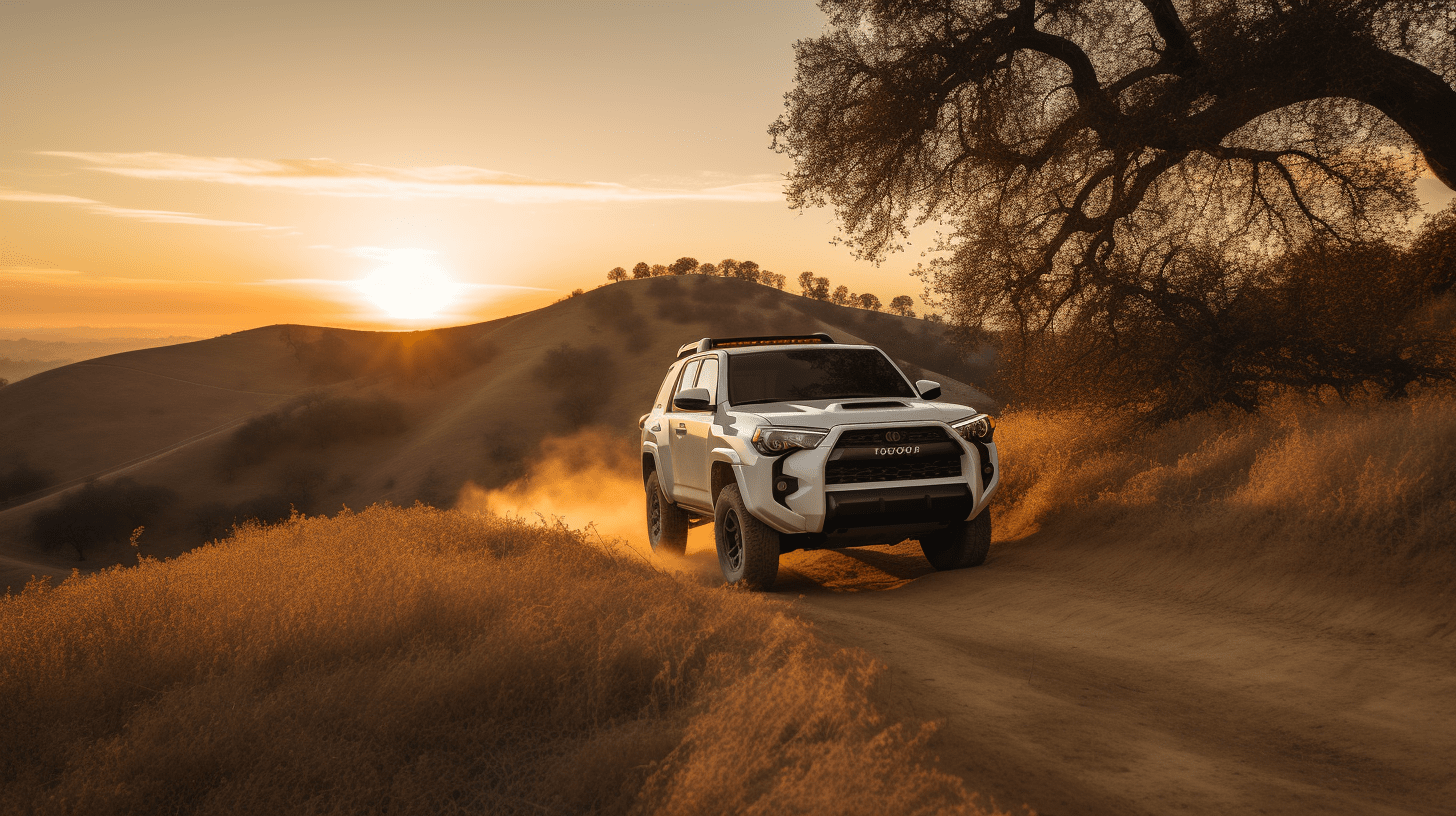 toyota with kdss suspension driving down trail with sunset