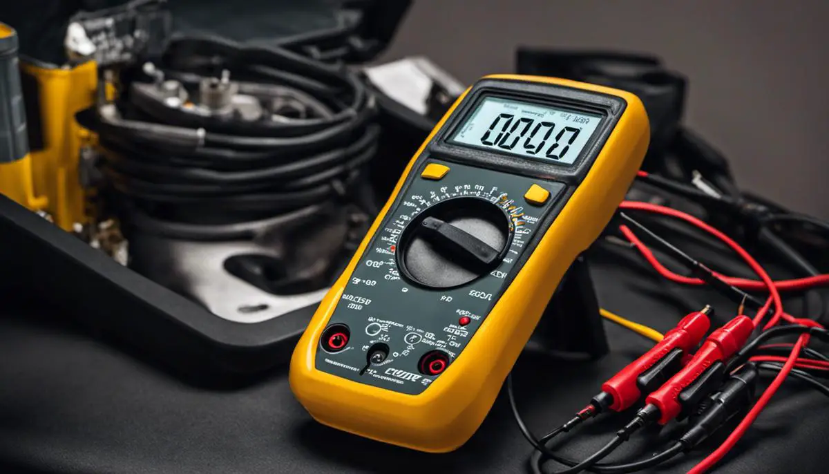 Digital multimeter measuring voltage with a fuel tank in the background